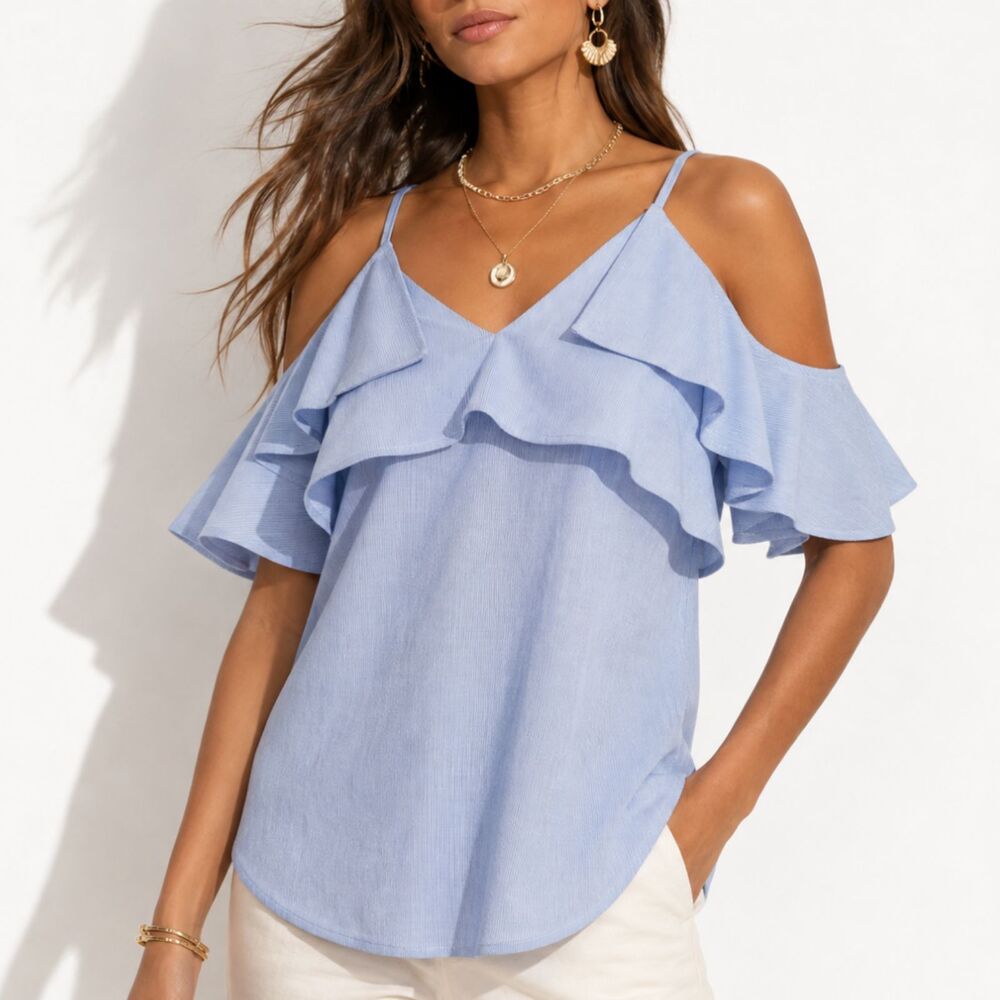 Blue White Stripe Seersucker Cold Shoulder Ruffle Top S